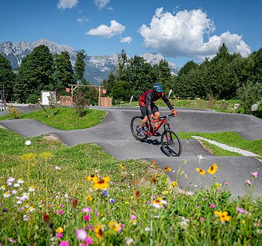 Radfahrer auf Pumptrack mit bunter Blumenwiese im Vordergrund