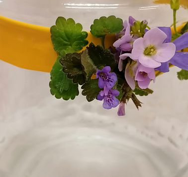 Nahaufnahme von Blumen die auf ein Glas geklebt werden