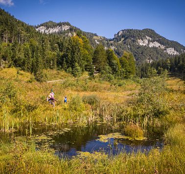 Personen in der Moorlandschaft vor Bergkulisse