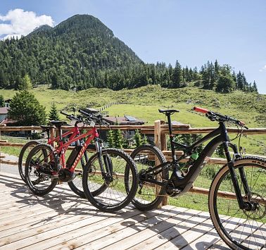 Mountainbike E-Bike an Zaun gelehnt