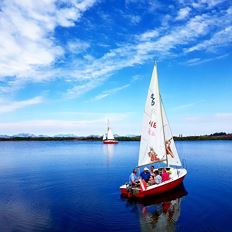 Sailing boat driving on the Jochstuben lake