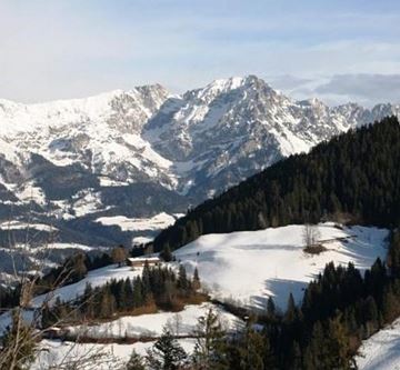 Blick auf Bergdoktorhaus und Wilder Kaiser