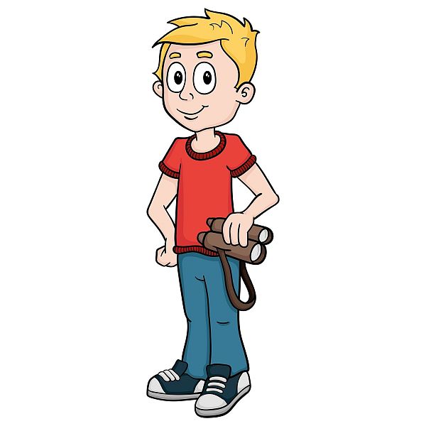 Cartoon eines lächelnden Kindes mit einem Fernglas in der Hand, blondem Haar, rotem T-Shirt und blauer Hose, auf weißem Hintergrund.