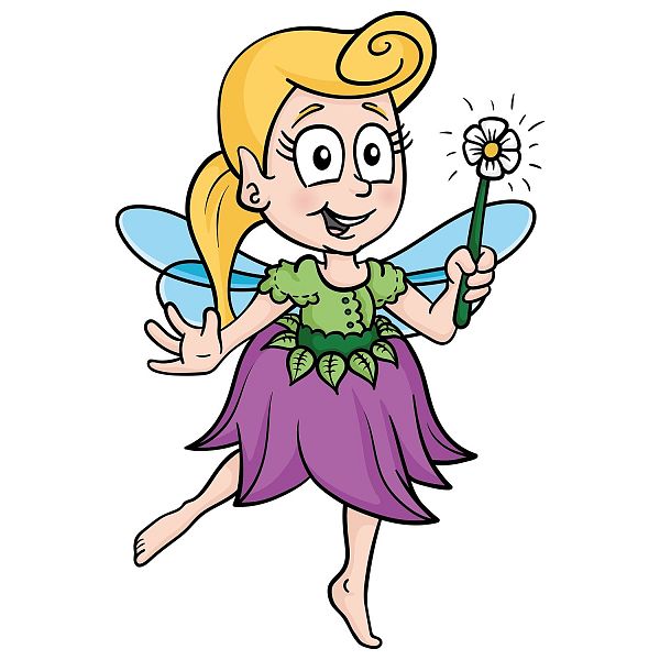 Illustration einer fröhlichen Fee mit blonden Haaren, blauen Flügeln, grünem Oberteil und lila Blumenkleid. Sie hält einen Zauberstab mit einer Blüte.