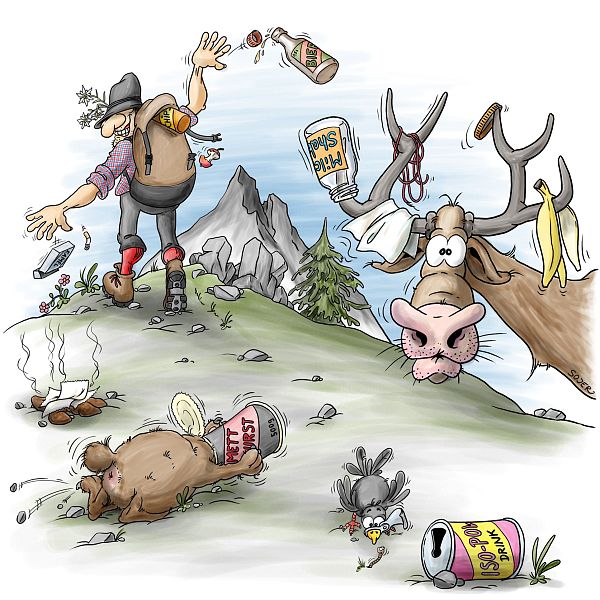 Karikatur eines Wanderers, der Müll hinterlässt, während ein Hirsch die Umweltverschmutzung skeptisch betrachtet. Humorvolle Darstellung von Natur und Umweltschutz.