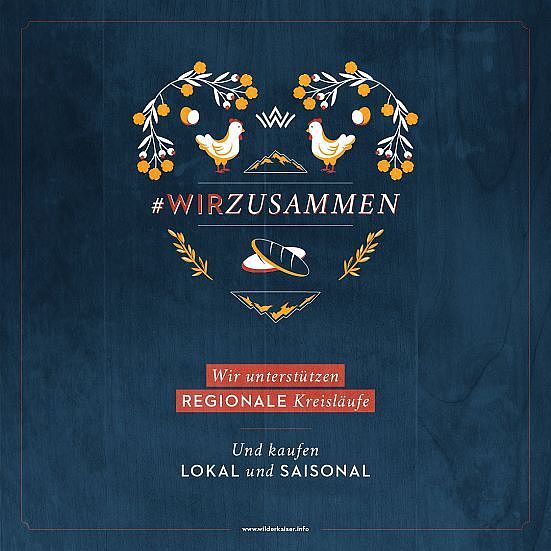 Colorful illustration with chickens, flowers, and the hashtag '#WIRZUSAMMEN'. The text promotes supporting regional businesses.