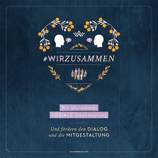 Poster promoting the #WirZusammen initiative with symbols of people and nature, highlighting social responsibility and dialogue.
