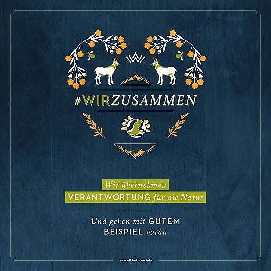 Grafik mit „Wir zusammen“ in der Mitte, umgeben von floralen Motiven und Tieren. Darunter steht: „Wir übernehmen Verantwortung für die Natur“.