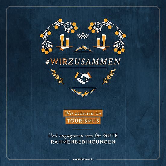Blue poster with tourism theme, featuring handshake and travel icons, titled "#WIRZUSAMMEN" and emphasizing collaboration in the tourism industry.