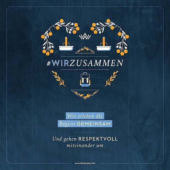 A community-centered graphic from the Wilder Kaiser region with symbols of unity, teamwork, and nature, promoting shared outdoor experiences.