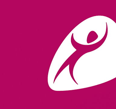 Logo showing a stylized human figure with raised arms inside a pink oval.