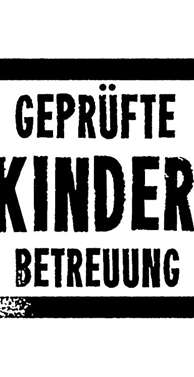 Black and white stamp showing the words 'Geprüfte Kinder Betreuung' in bold letters inside a border.