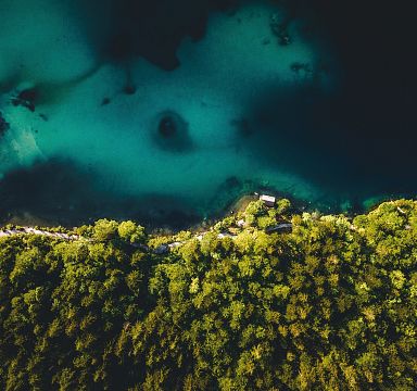Luftaufnahme eines grünen Waldes an einem klaren, türkisfarbenen Gewässer. Die Farben kontrastieren stark und vermitteln ein Gefühl von Ruhe und Naturverbundenheit.