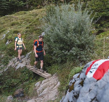 Zwei Wanderer überqueren eine Holzbrücke auf einem schmalen Pfad in den Bergen, umgeben von üppigem Grün und mit einem markierten Felsen im Vordergrund.
