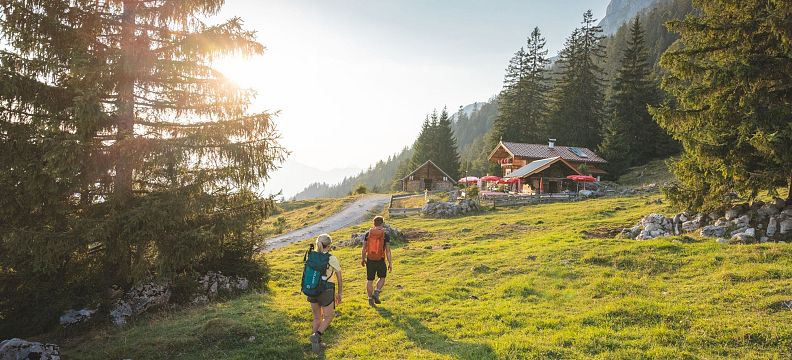 Two hikers walk along a grassy path in the Wilder Kaiser region, with a wooden hut and pine trees nearby, under a clear blue sky and bright sunlight.