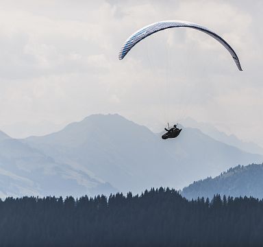 Ein Paraglider schwebt über einer Waldlandschaft mit bergiger Kulisse im Hintergrund, in einer friedlichen und wolkigen Umgebung.