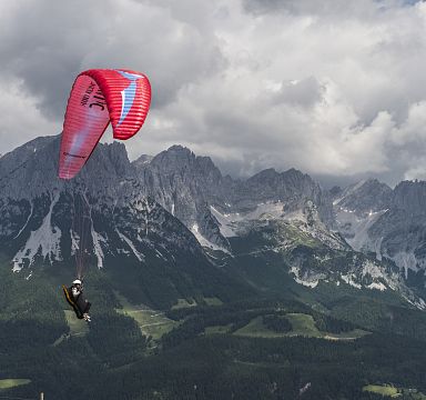 Ein Gleitschirmflieger schwebt vor einer beeindruckenden Alpenkulisse mit steilen Berggipfeln und dicht bewaldeten Hängen unter einem bewölkten Himmel.