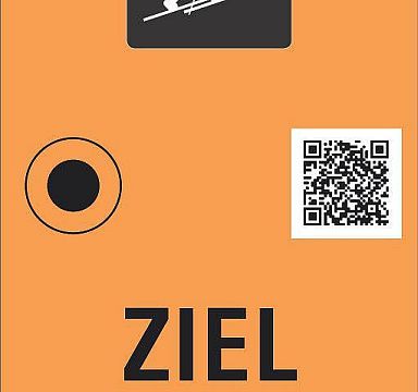 Ein orangefarbener Hintergrund mit einem schwarzen Punkt und einem QR-Code. Darunter ist ein koreanisches Wort in schwarzer Farbe abgebildet.