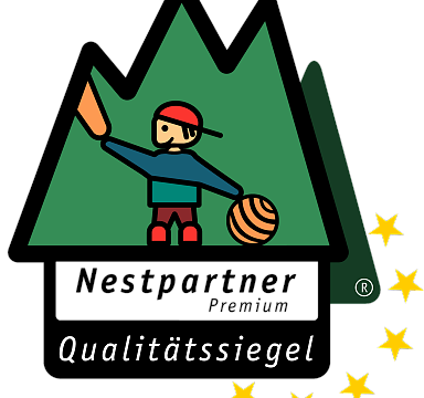Logo of Nestpartner featuring a stylized person with a backpack, holding a bat, with three gold stars and mountain elements in the background.