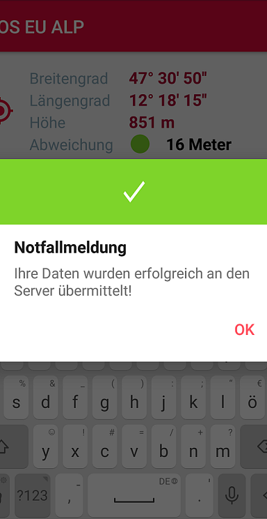 A confirmation message with a green checkmark indicating successful data transfer to a server with an OK button.