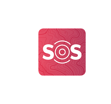 Red SOS icon with a topographic map background, featuring the letters "SOS" with a concentric circle design in the middle.