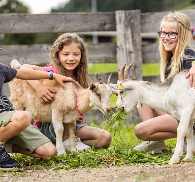 Three children smiling and interacting with goats in a rustic outdoor setting. They appear happy and engaged, with a wooden fence in the background.