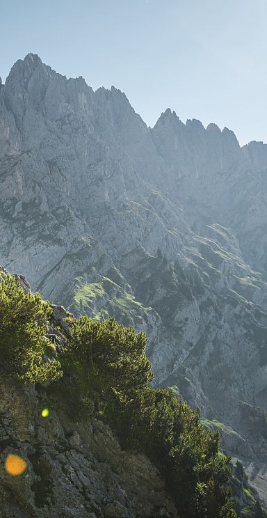 Two hikers on a rocky path in the Wilder Kaiser mountains, with sharp peaks in the background and a clear blue sky above.