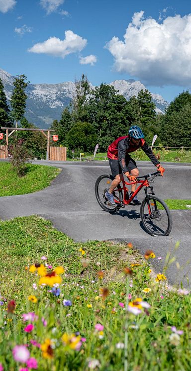 Ein Mountainbiker fährt über einen welligen, asphaltierten Parcours in einer alpinen Landschaft, umgeben von blühenden Wiesen und Bergpanorama im Hintergrund.