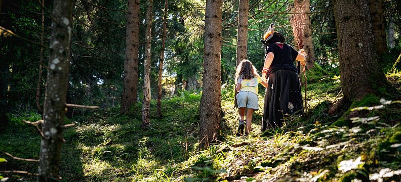 Ein Paar spaziert durch einen dichten Wald mit hohen Bäumen. Sonnenlicht fällt durch die Äste und beleuchtet den grünen Waldboden stellenweise.