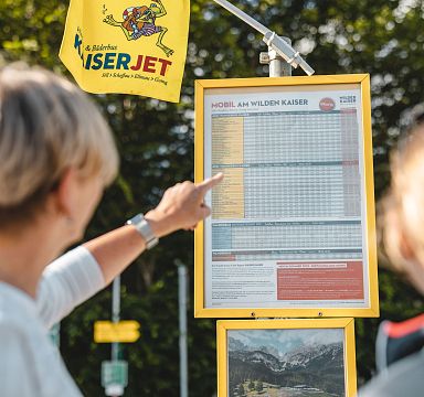 Visitors studying a hiking map at Wilder Kaiser, with lush greenery around, planning their adventure in this scenic Austrian region known for outdoor activities.
