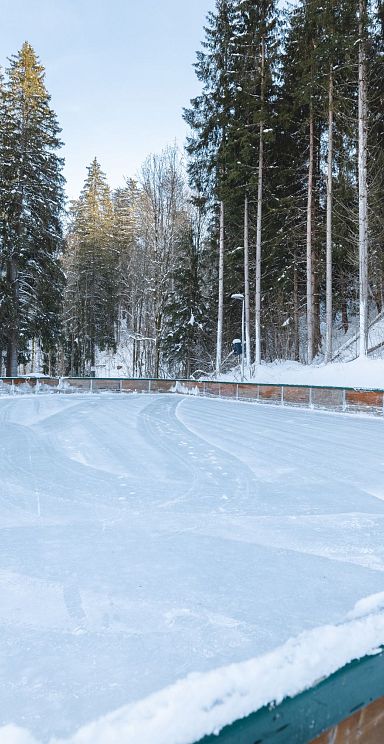 Ein zugefrorener Eislaufplatz im Freien, umgeben von verschneiten Bäumen und Holzwänden. Der Himmel ist klar, und die Umgebung wirkt winterlich idyllisch.