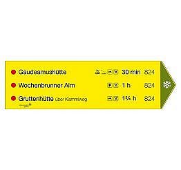 Yellow trail sign with directions to Gaudeamushütte, Wochenbrunner Alm, Gruttenhütte in Wilder Kaiser, showing hiking times and trail numbers 824.