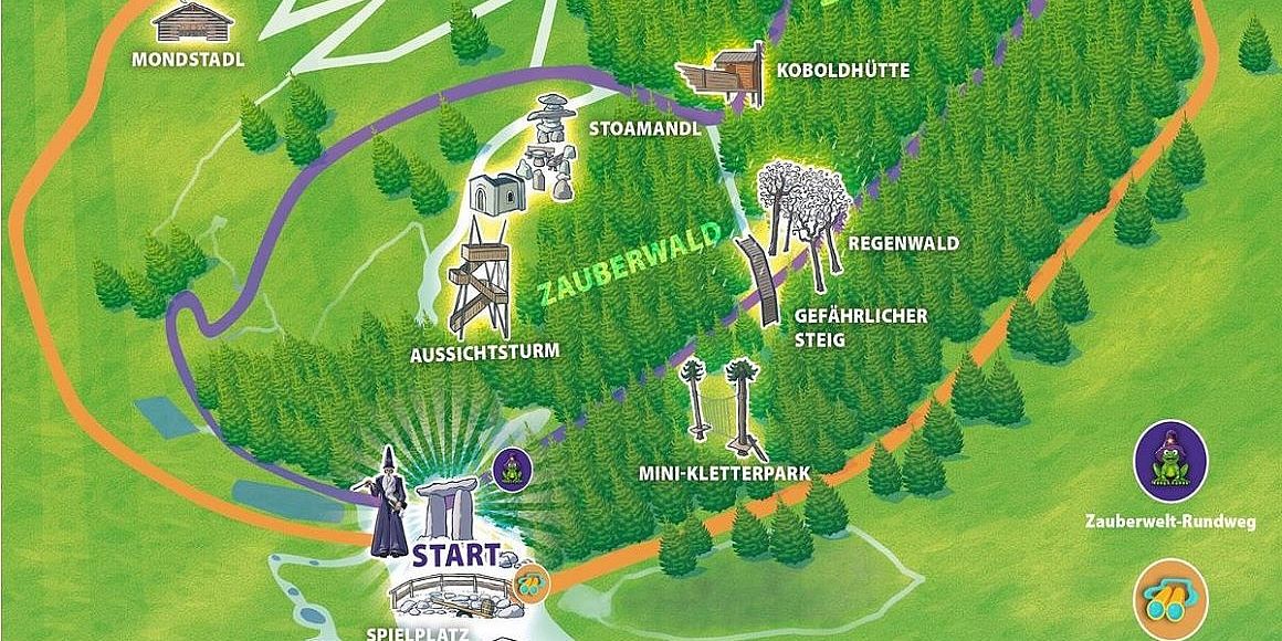Illustrated map of the Enchanted Forest with pathways, attractions like a viewpoint tower and mini climbing park, near Wilder Kaiser.