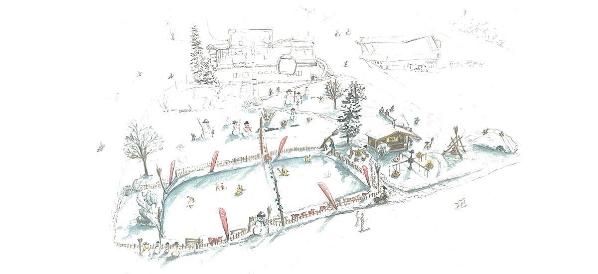 Winterliches Dorfszene mit Eislaufplatz, Menschen beim Schlittschuhlaufen, verschneiten Bäumen und Holzhütten, die eine gemütliche Atmosphäre schaffen.