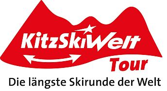 Logo of KitzSkiWelt Tour with mountain silhouette and text claiming the world's longest ski circuit.