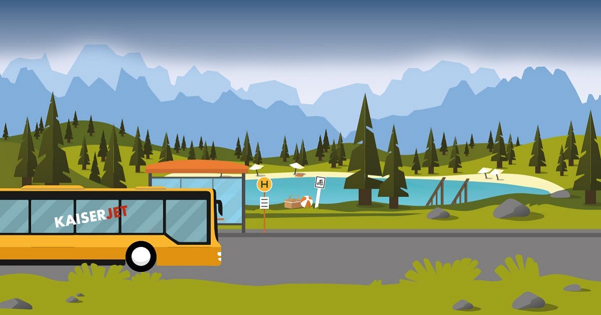 Illustration einer idyllischen Berglandschaft mit einem gelben Bus an einer Haltestelle, einem See und Bergen im Hintergrund bei klarem Himmel.