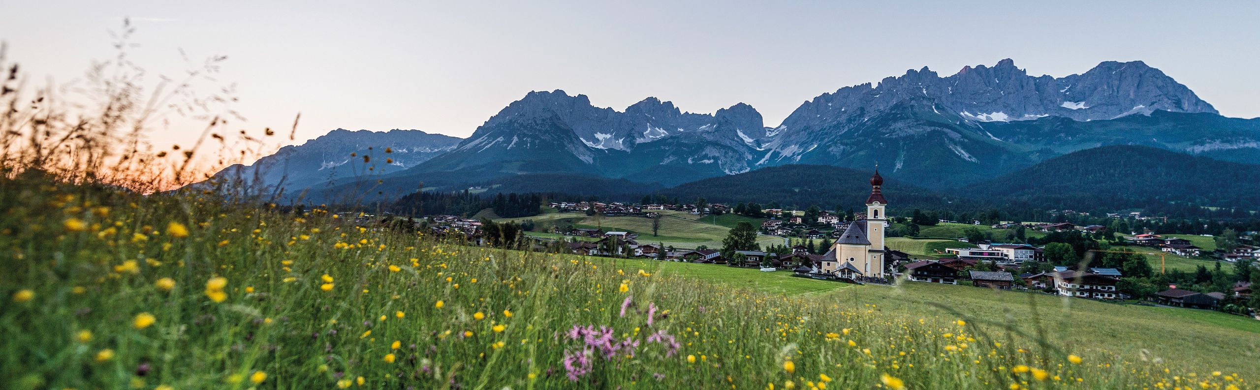 Ein blühendes Wiesenfeld mit bunten Blumen im Vordergrund, dahinter ein malerisches Dorf mit einer Kirche, vor den majestätischen Bergen des Wilden Kaisers.