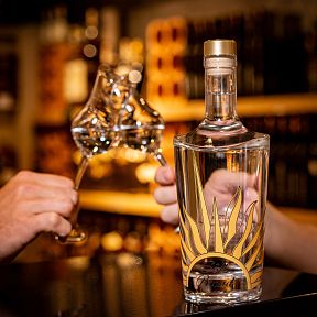 Zwei Personen stoßen mit gläsernen Tulpengläsern an. Eine Flasche mit Sonnenemblem steht im Vordergrund. Hintergrund unscharf, volle Regale sichtbar.