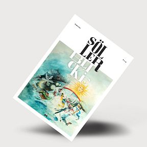 A tilted magazine cover featuring colorful artwork with people outdoors and the text "Söller" prominently displayed at the top.