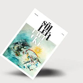 A tilted magazine cover with the title "Söller Blick" featuring a colorful illustration of mountains, a sun, and people engaging in various activities.