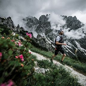 A trail runner navigates a mountain path in the Wilder Kaiser region, surrounded by rugged peaks and alpine flowers under a cloudy sky.