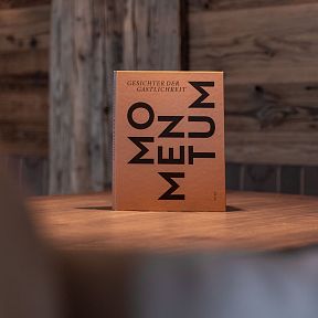 Ein orangefarbenes Buch mit dem Titel "Momentum" steht auf einem Holztisch in einem rustikalen Raum.