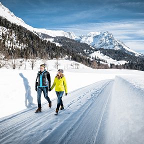 Zwei Personen spazieren auf einem verschneiten Weg, umgeben von schneebedeckten Bergen und Wäldern, unter einem blauen Himmel.