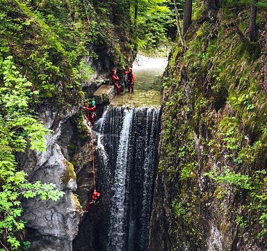Zwei Personen seilen sich an einem Wasserfall in einer felsigen, bewaldeten Schlucht ab. Die Szene ist dynamisch und von dichtem Grün umgeben.