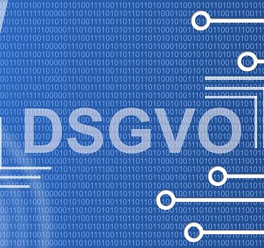 Blaues digitales Hintergrundbild mit dem Text "DSGVO" in großen Buchstaben, umgeben von binären Zahlen und grafischen digitalen Verbindungen.