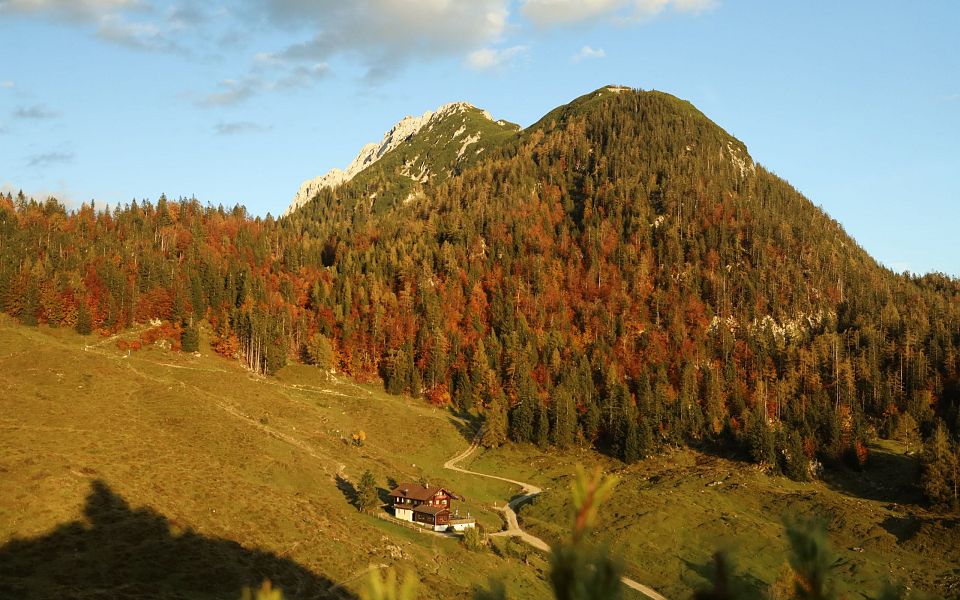 Autumn scene in Wilder Kaiser with a mountain landscape, colorful trees, and a small hut at the foot of the hills.