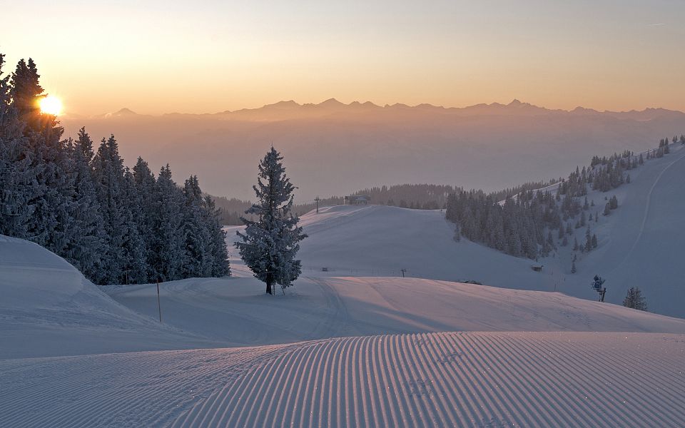 Verschneite Berglandschaft bei Sonnenaufgang, mit verschneiten Bäumen und weiten Hügeln. Die Sonne geht hinter den Bergen am Horizont auf.