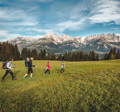 A group of hikers walks through a grassy field with the Wilder Kaiser mountains in the background, under a blue sky with scattered clouds.
