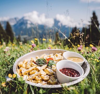 Ein Teller Kaiserschmarrn mit Puderzucker, Apfelmus und roter Marmelade steht auf einer Wiese mit Blumen im Vordergrund und Bergen im Hintergrund.