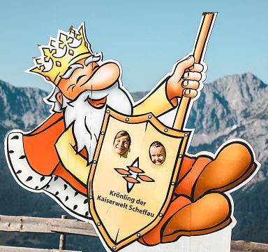 A cartoon king with a crown and shield sits on a fence, set against the backdrop of the Wilder Kaiser mountains on a clear day.